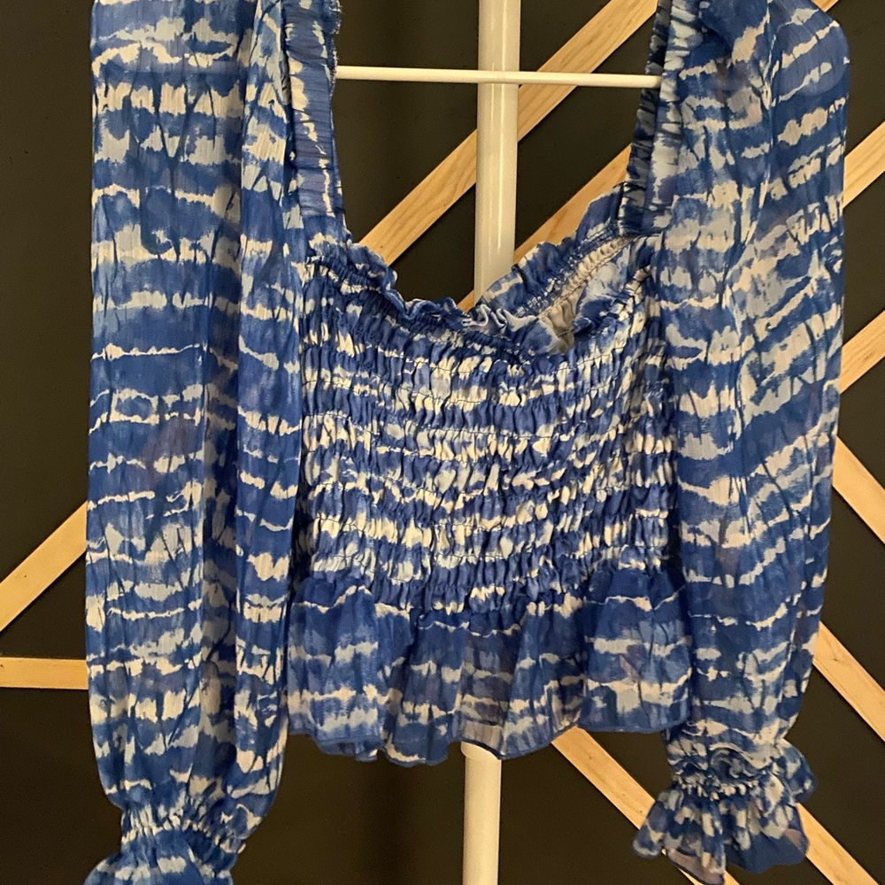Zara Blue and White Smocked Blouse